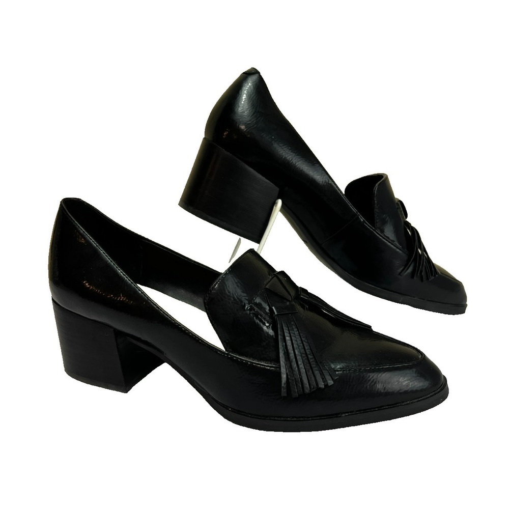 Marc Fisher Black Vegan Leather Loafers Tasseled Pointed Toe 2" Heel SZ 9.5